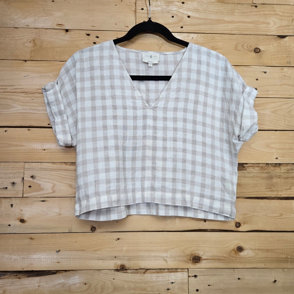Lou & Grey Beige White Gingham 100% Linen V-Neck Boxy Cuffed Sleeve Top XXS - Picture 2 of 7